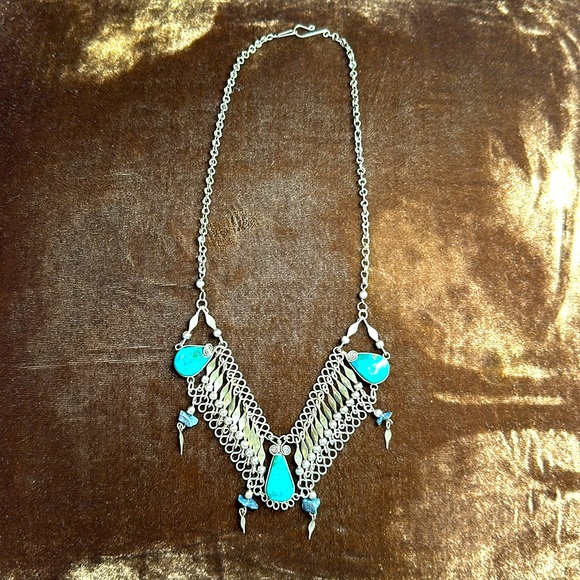 Vintage Art Deco Turquoise Metalwork Blue stone Necklace (possibly Sterling)🤩 - Picture 2 of 14